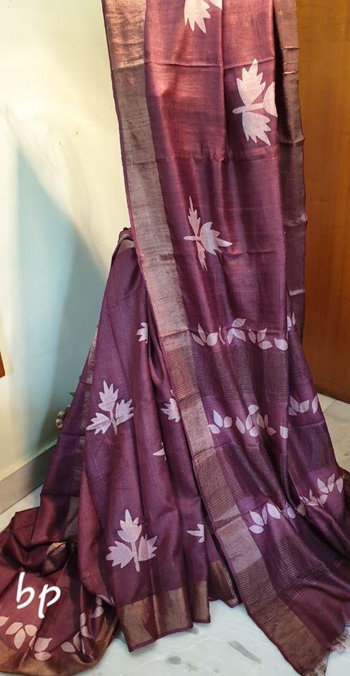 Purple Block Printed Zari Border Pure Silk Mark Certified Tussar Silk Sarees 1 - Dailybuyys