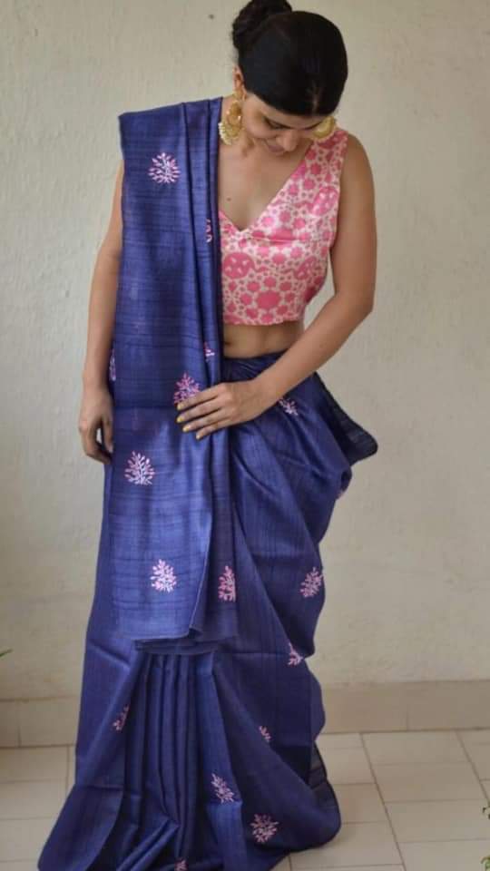 Blue Pure Pure Silk Mark Certified Tussar Ghicha Silk Sarees - Dailybuyys