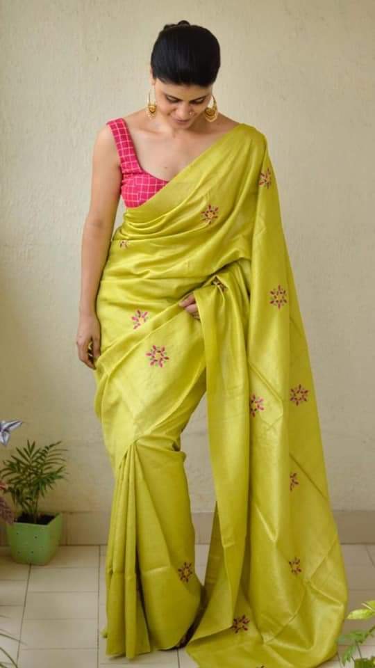 Yellow Pure Pure Silk Mark Certified Tussar Ghicha Silk Sarees - Dailybuyys
