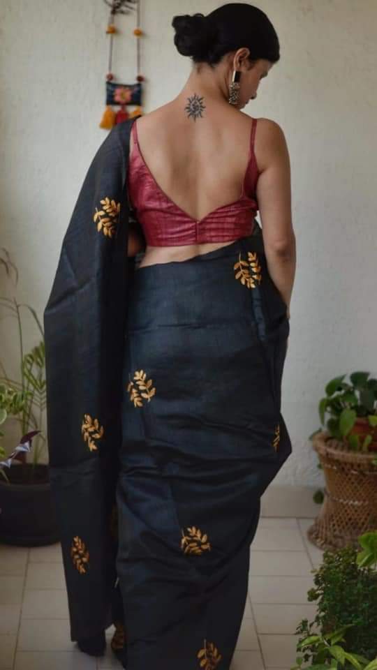 Black Pure Pure Silk Mark Certified Tussar Ghicha Silk Sarees - Dailybuyys