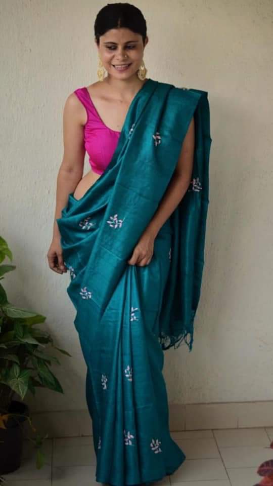 Blue Pure Pure Silk Mark Certified Tussar Ghicha Silk Sarees - Dailybuyys