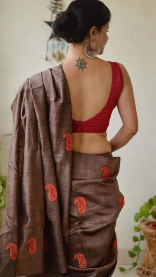 Brown Pure Pure Silk Mark Certified Tussar Ghicha Silk Sarees - Dailybuyys