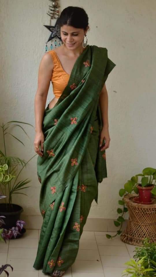 Green Pure Pure Silk Mark Certified Tussar Ghicha Silk Sarees - Dailybuyys