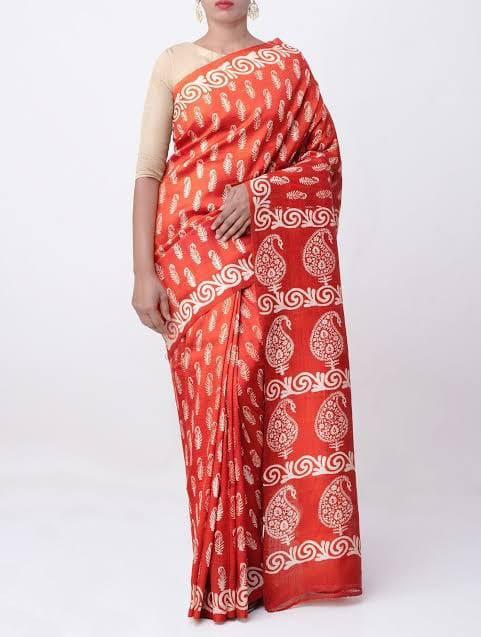Red Orange Block Printed Pure Silk Mark Certified Bishnupuri Silk Sarees - Dailybuyys