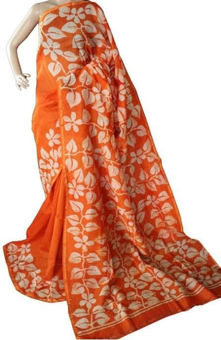 Orange Hand Painted Pure Silk Mark Certified Bishnupuri Silk Sarees - Dailybuyys