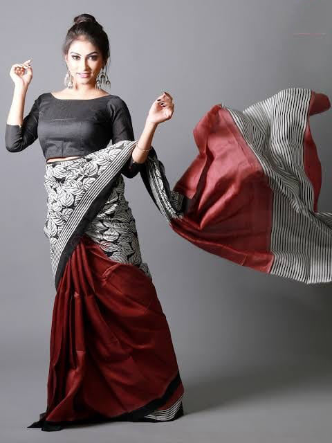 Maroon Block Printed Pure Silk Mark Certified Bishnupuri Silk Sarees - Dailybuyys