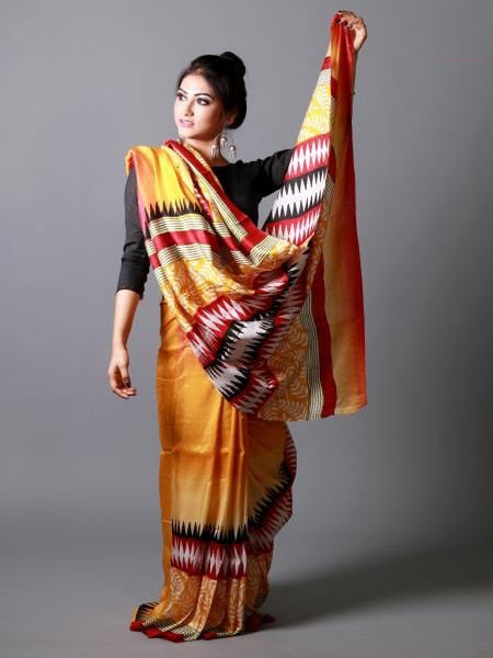 Yellow Black Block Printed Pure Silk Mark Certified Bishnupuri Silk Sarees - Dailybuyys