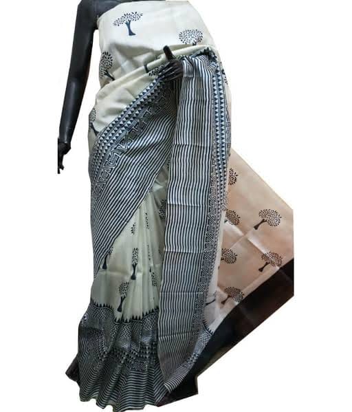 Beige Block Printed Pure Silk Mark Certified Bishnupuri Silk Sarees - Dailybuyys