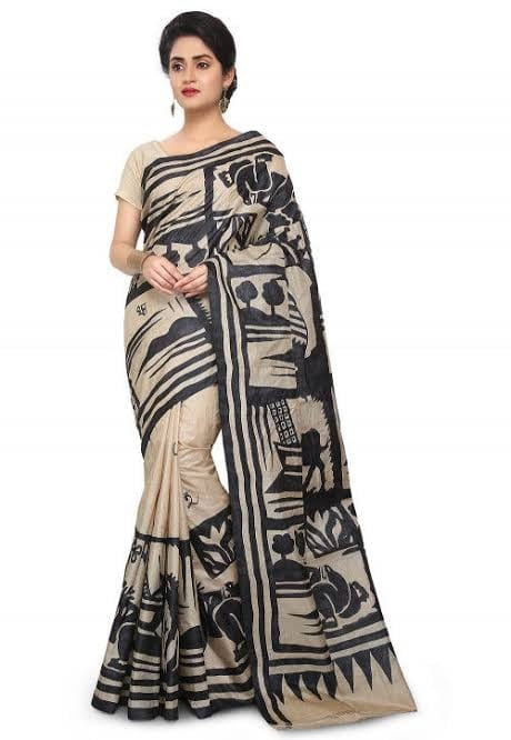Beige Hand Painted Pure Silk Mark Certified Bishnupuri Silk Sarees - Dailybuyys