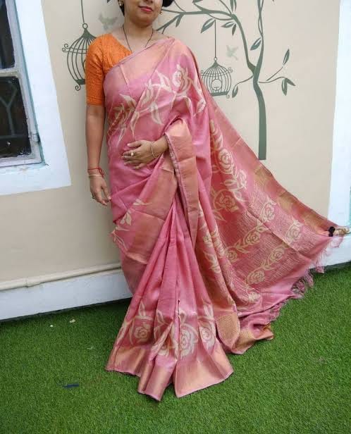 Pink Wax Batik Hand Painted Zari Border Pure Silk Mark Certified Tussar Silk Sarees - Dailybuyys