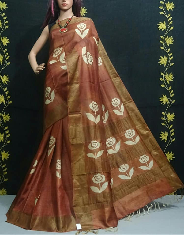 Brown Block Printed Zari Border Pure Silk Mark Certified Tussar Silk Sarees - Dailybuyys
