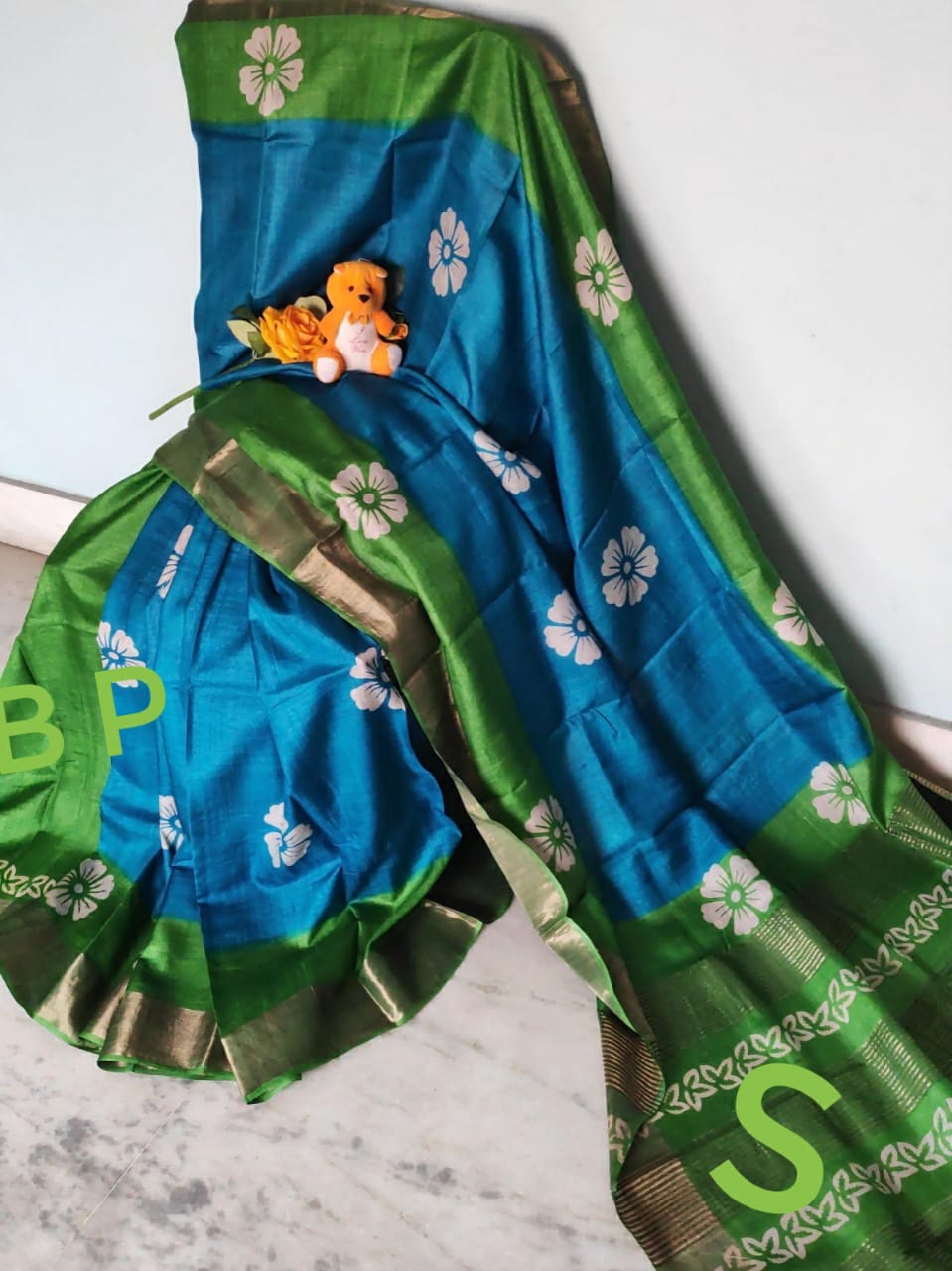 Blue Green Block Printed Zari Border Pure Silk Mark Certified Tussar Silk Sarees - Dailybuyys