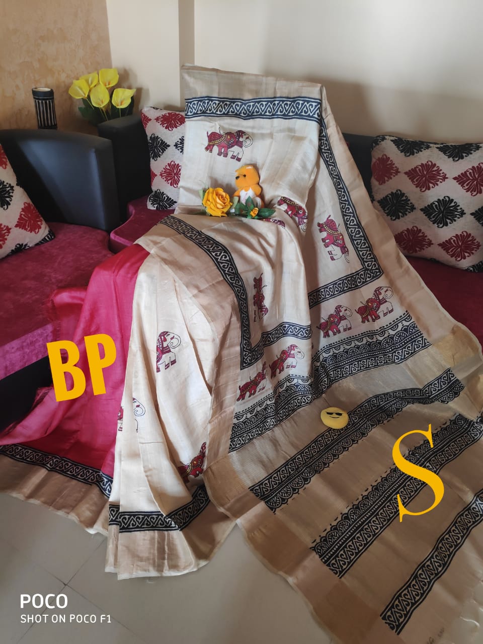 Beige Pink Block Printed Zari Border Pure Silk Mark Certified Tussar Silk Sarees - Dailybuyys