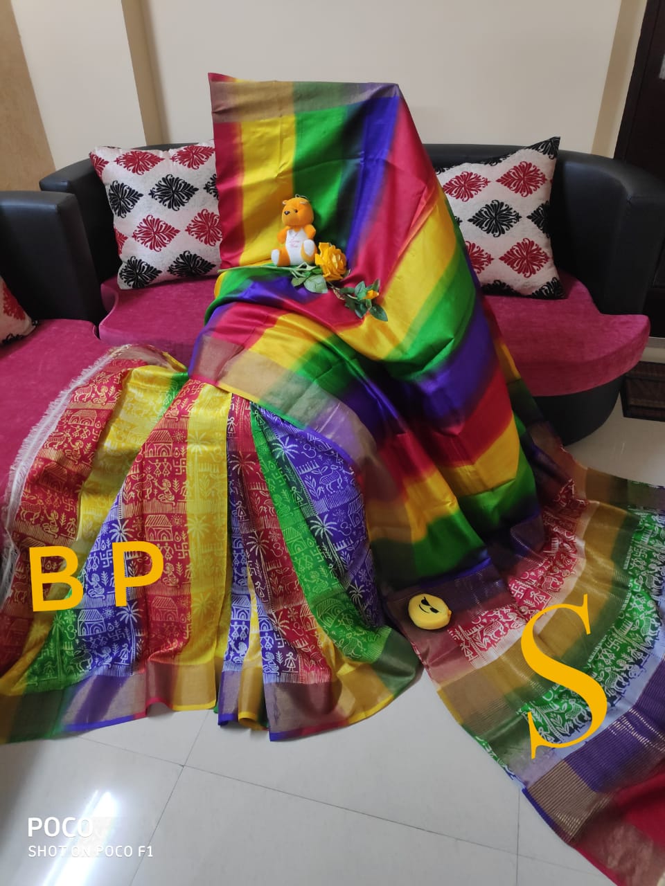 Multi Colour Block Printed Zari Border Pure Silk Mark Certified Tussar Silk Sarees - Dailybuyys