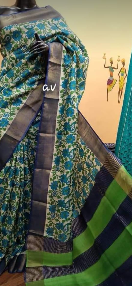 Green Black Block Printed Zari Border Pure Silk Mark Certified Tussar Silk Sarees - Dailybuyys