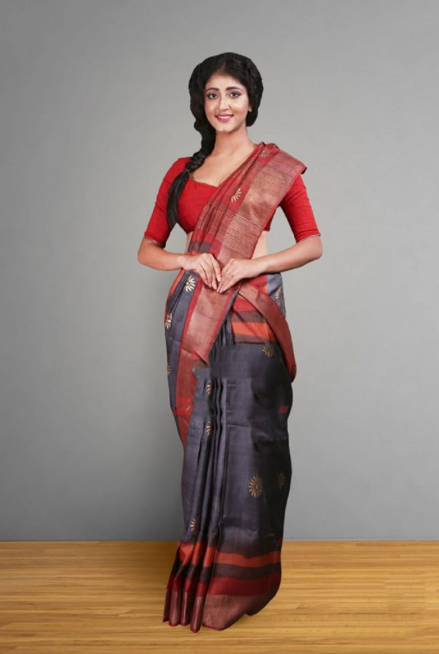 Black Red Block Printed Zari Border Pure Silk Mark Certified Tussar Silk Sarees - Dailybuyys