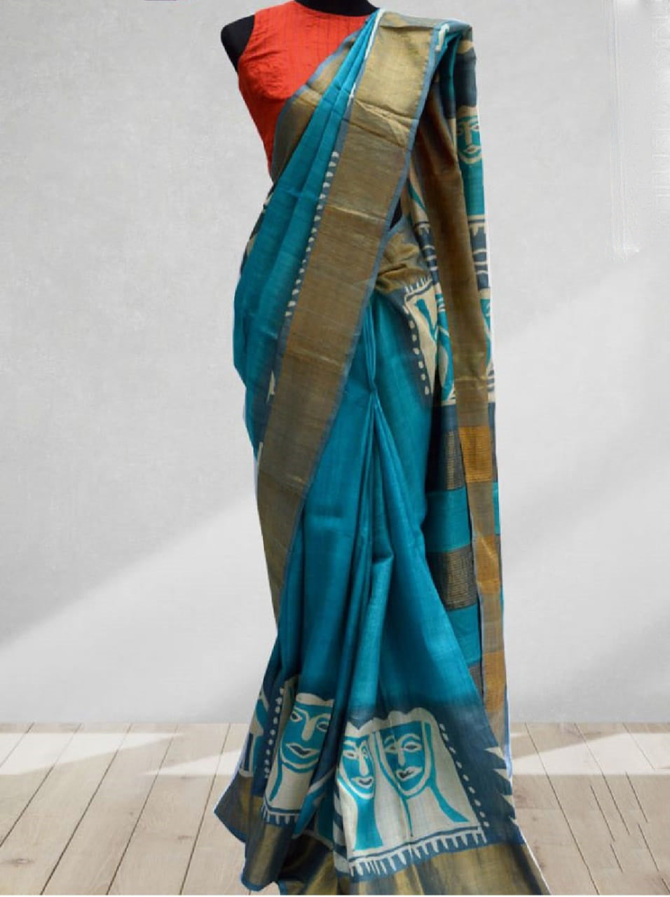 Blue Block Printed Zari Border Pure Silk Mark Certified Tussar Silk Sarees - Dailybuyys