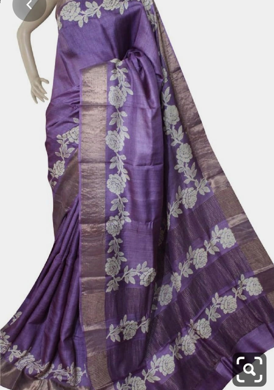 Violet Block Printed Zari Border Pure Silk Mark Certified Tussar Silk Sarees - Dailybuyys