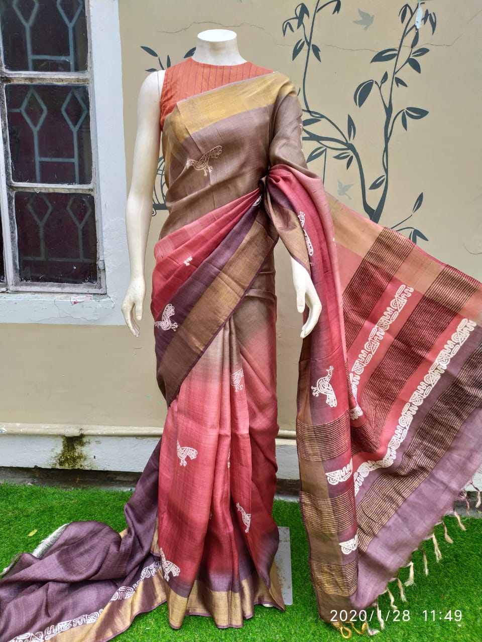 Pink Beige Block Printed Zari Border Pure Silk Mark Certified Tussar Silk Sarees - Dailybuyys