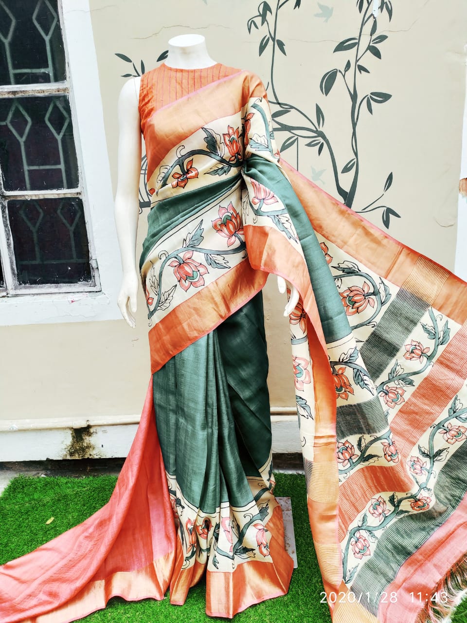 Green Orange Hand Painted Zari Border Pure Silk Mark Certified Tussar Silk Sarees - Dailybuyys