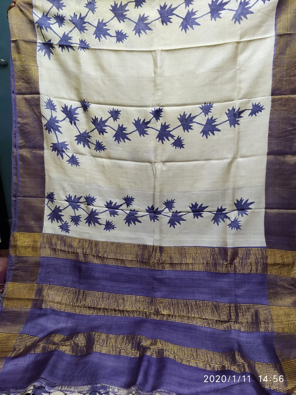 Blue Block Printed Zari Border Pure Silk Mark Certified Tussar Silk Sarees - Dailybuyys