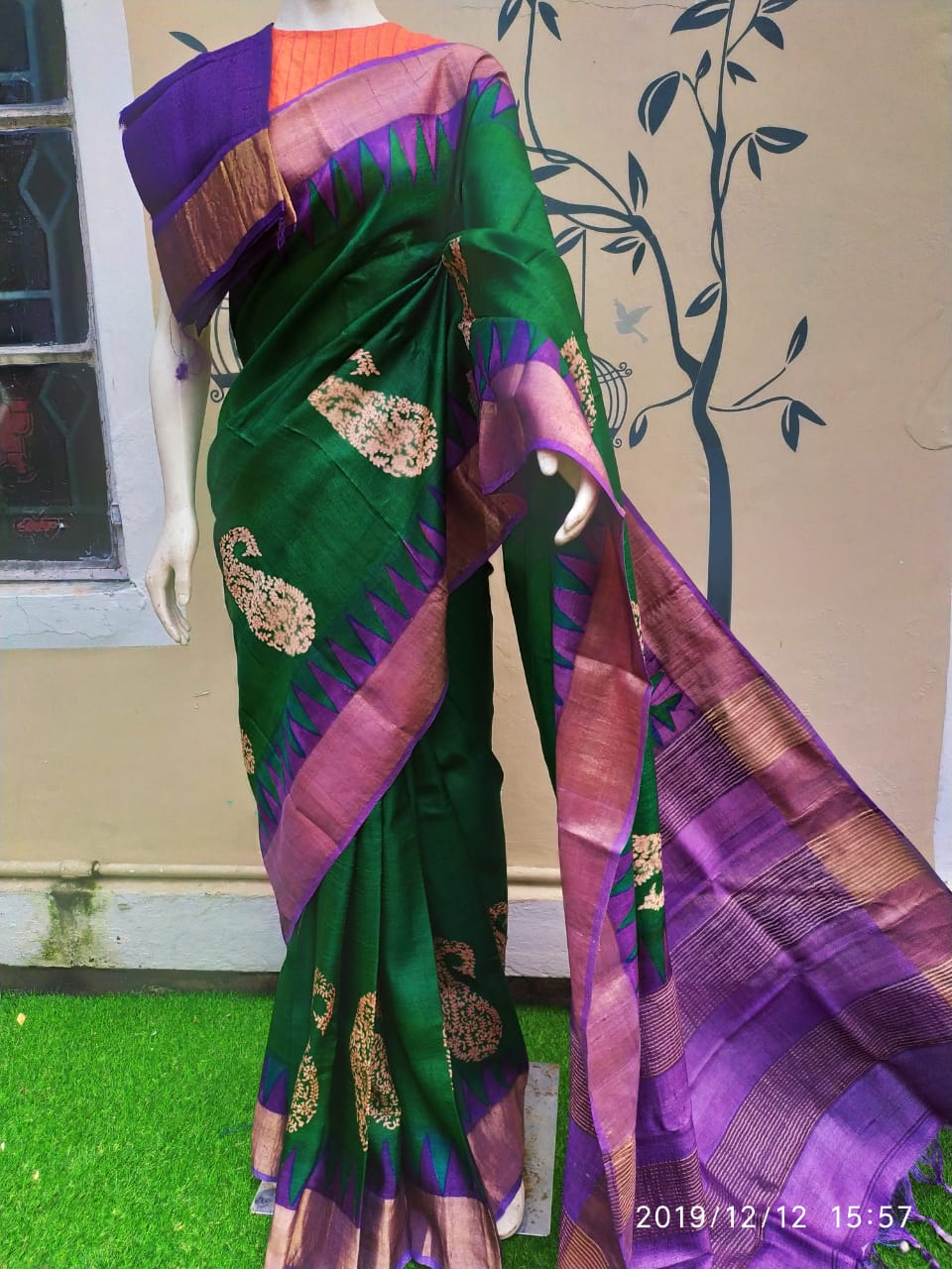 Green Purple Block Printed Zari Border Pure Silk Mark Certified Tussar Silk Sarees - Dailybuyys