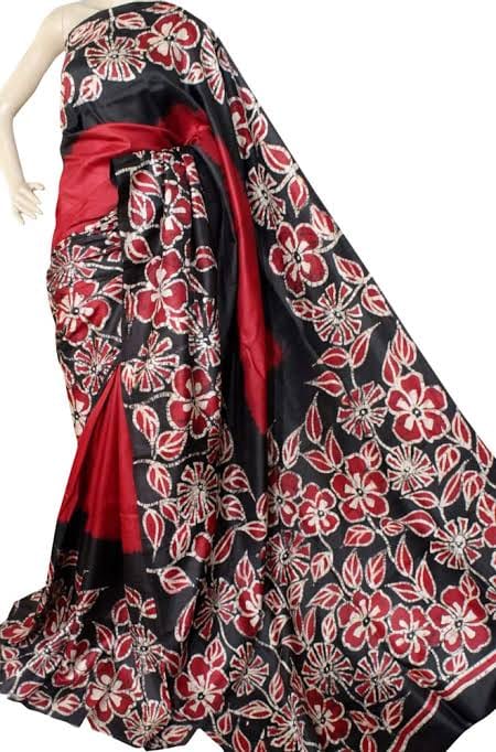 Red Wax Hand Batik Printed Pure Silk Mark Certified Bishnupuri Silk Sarees - Dailybuyys