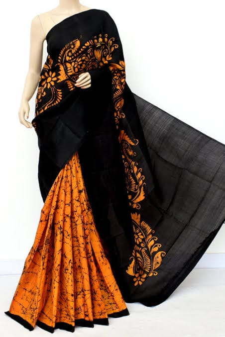 Yellow Black Exclusive Wax Hand Batik Print Pure Silk Mark Certified Bishnupuri Silk Sarees - Dailybuyys