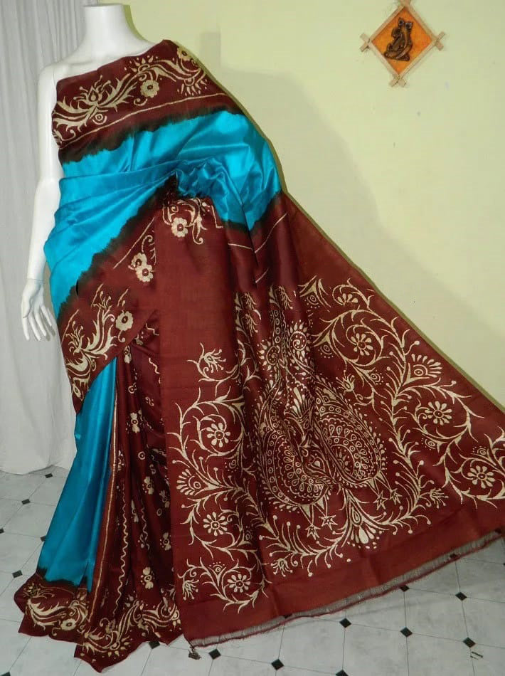 Blue Brown Exclusive Wax Hand Batik Print Pure Silk Mark Certified Bishnupuri Silk Sarees - Dailybuyys