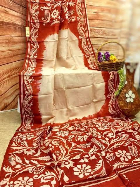 Red Wax Hand Batik Printed Pure Silk Mark Certified Bishnupuri Silk Sarees