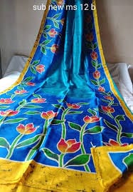 Blue Exclusive Wax Hand Batik Print Pure Silk Mark Certified Bishnupuri Silk Sarees - Dailybuyys