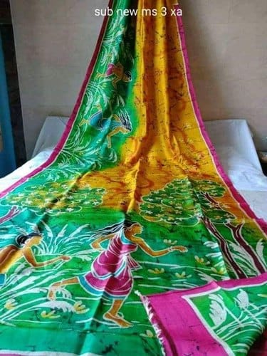 Green Exclusive Wax Hand Batik Print Pure Silk Mark Certified Bishnupuri Silk Sarees - Dailybuyys