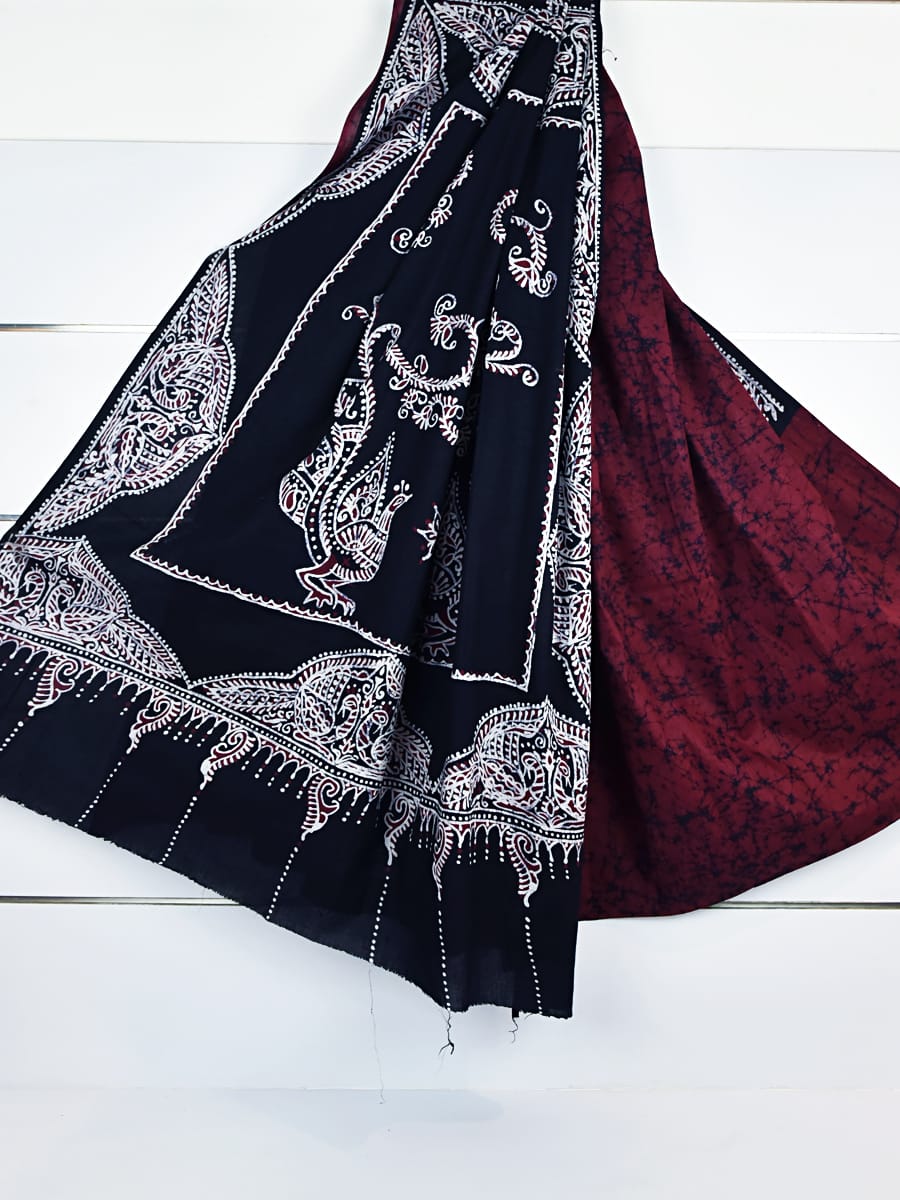Black Maroon Exclusive Wax Hand Batik Print Pure Silk Mark Certified Bishnupuri Silk Sarees - Dailybuyys