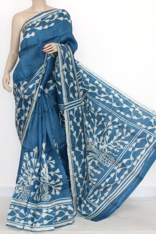Blue Exclusive Wax Hand Batik Print Pure Silk Mark Certified Bishnupuri Silk Sarees