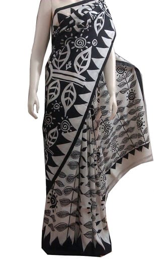 Black Exclusive Wax Hand Batik Print Pure Silk Mark Certified Bishnupuri Silk Sarees - Dailybuyys