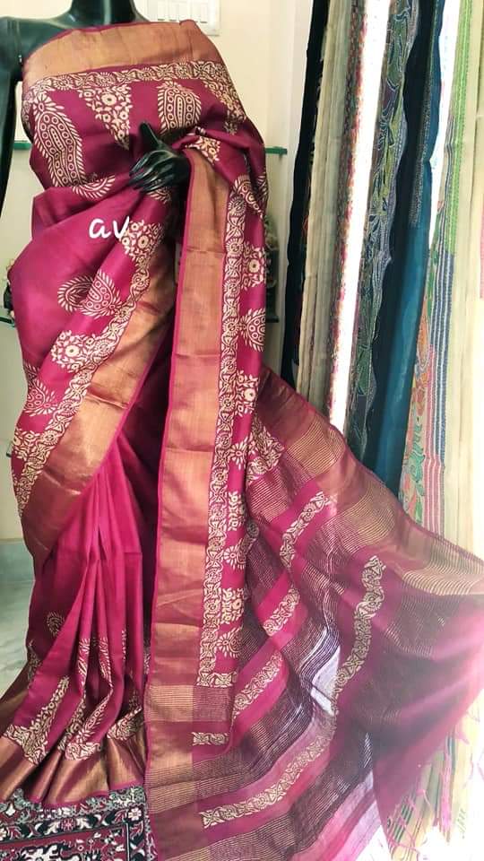 Pink Block Printed Zari Border Pure Silk Mark Certified Tussar Silk Sarees - Dailybuyys