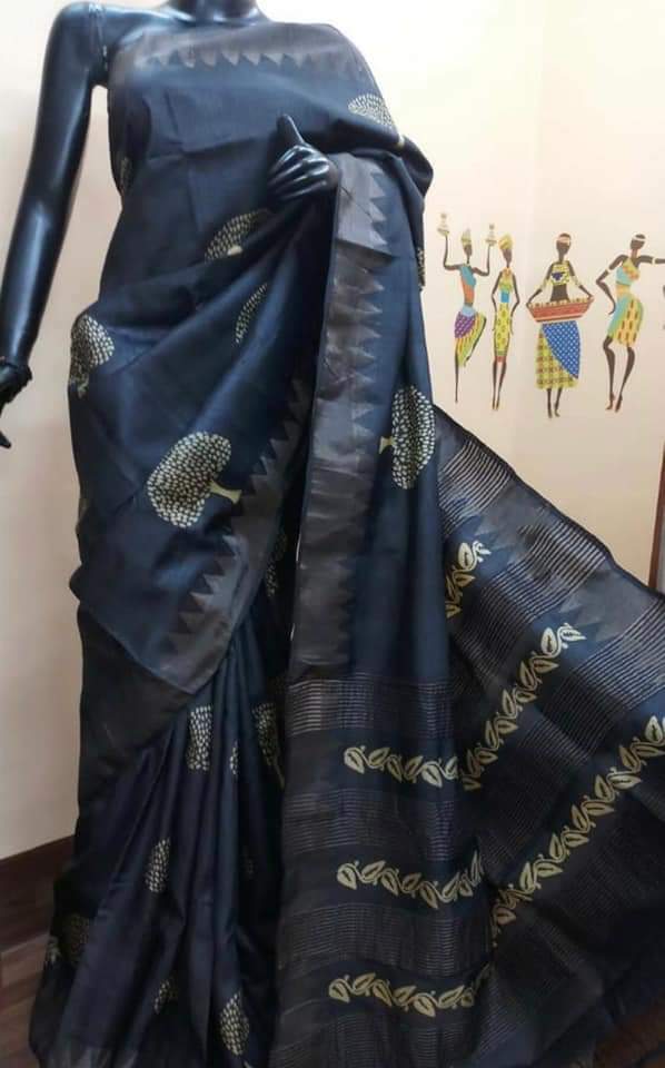 Black Block Printed Zari Border Pure Silk Mark Certified Tussar Silk Sarees - Dailybuyys