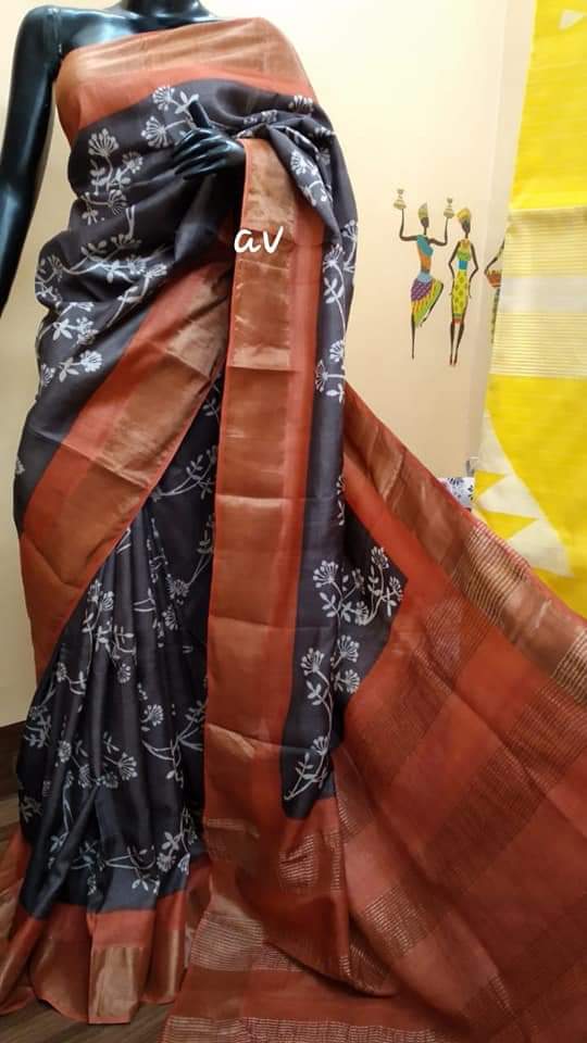 Black Block Printed Zari Border Pure Silk Mark Certified Tussar Silk Sarees - Dailybuyys