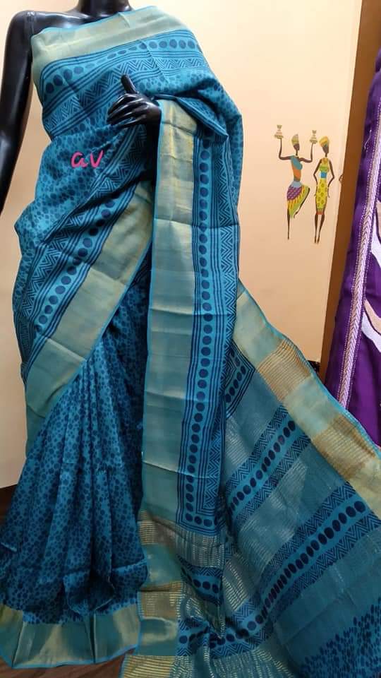 Blue Block Printed Zari Border Pure Silk Mark Certified Tussar Silk Sarees - Dailybuyys