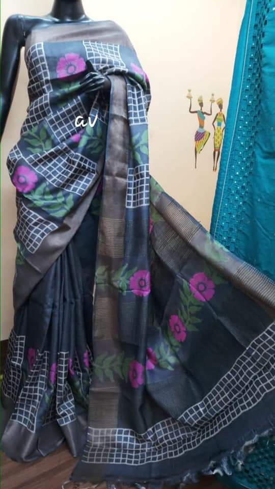 Grey Block Printed Zari Border Pure Silk Mark Certified Tussar Silk Sarees - Dailybuyys