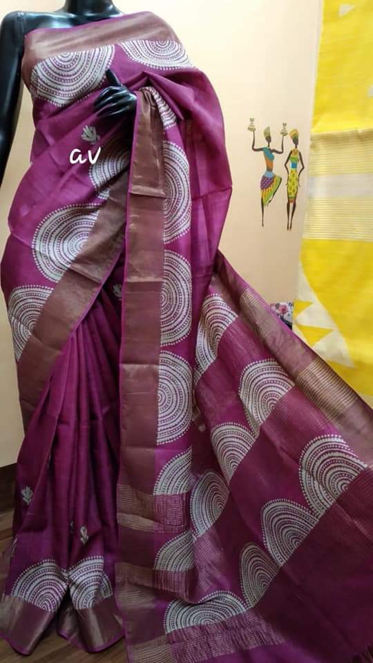 Purple Block Printed Zari Border Pure Silk Mark Certified Tussar Silk Sarees - Dailybuyys
