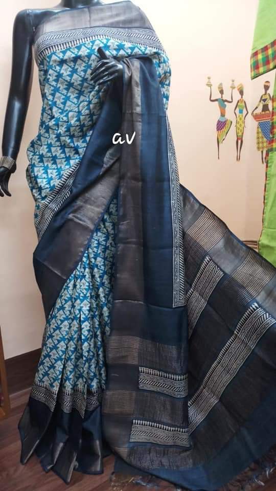 Blue Block Printed Zari Border Pure Silk Mark Certified Tussar Silk Sarees - Dailybuyys
