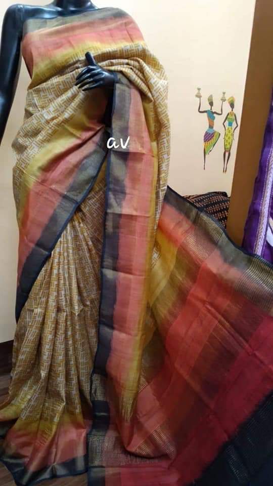 Yellow Block Printed Zari Border Pure Silk Mark Certified Tussar Silk Sarees - Dailybuyys