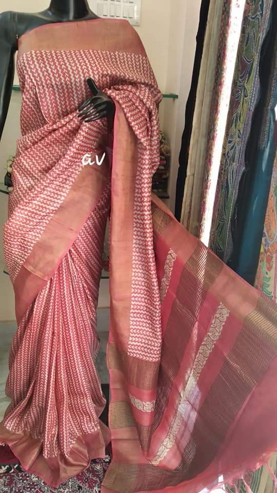 Pink Block Printed Zari Border Pure Silk Mark Certified Tussar Silk Sarees - Dailybuyys