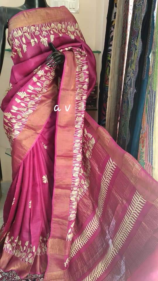 Pink Block Printed Zari Border Pure Silk Mark Certified Tussar Silk Sarees - Dailybuyys
