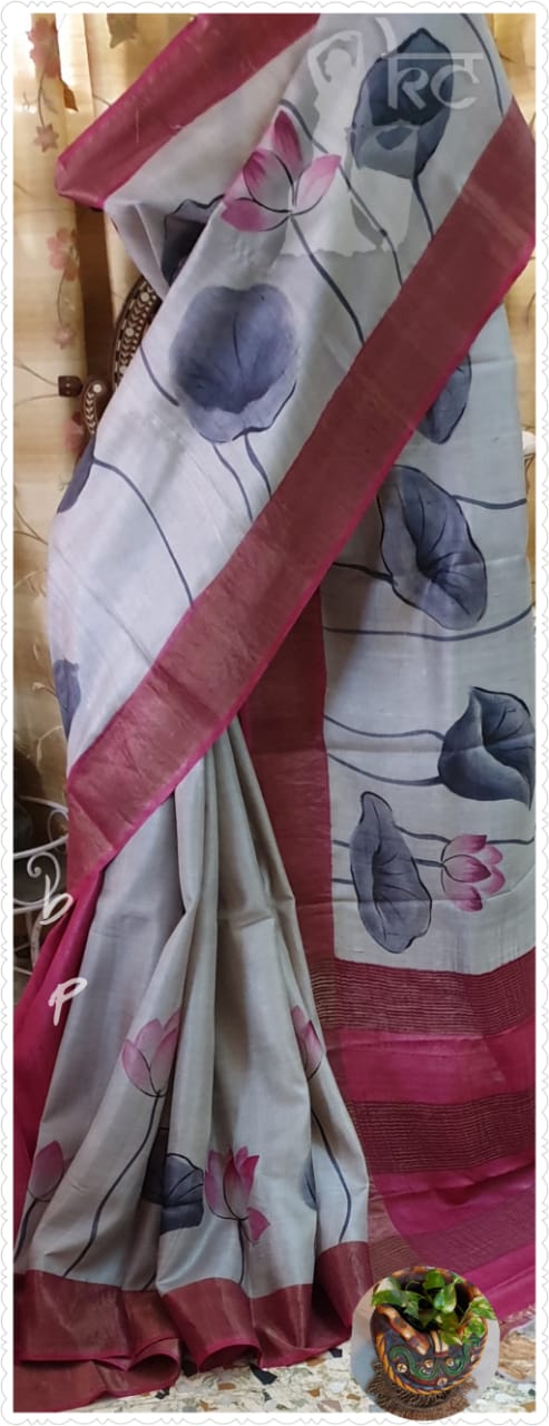 Beige Red Hand Painted Zari Border Pure Silk Mark Certified Tussar Silk Sarees - Dailybuyys