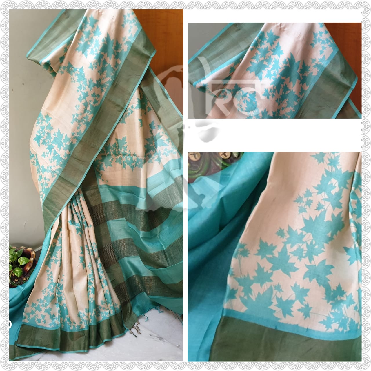 Green Beige Block Printed Zari Border Pure Silk Mark Certified Tussar Silk Sarees - Dailybuyys