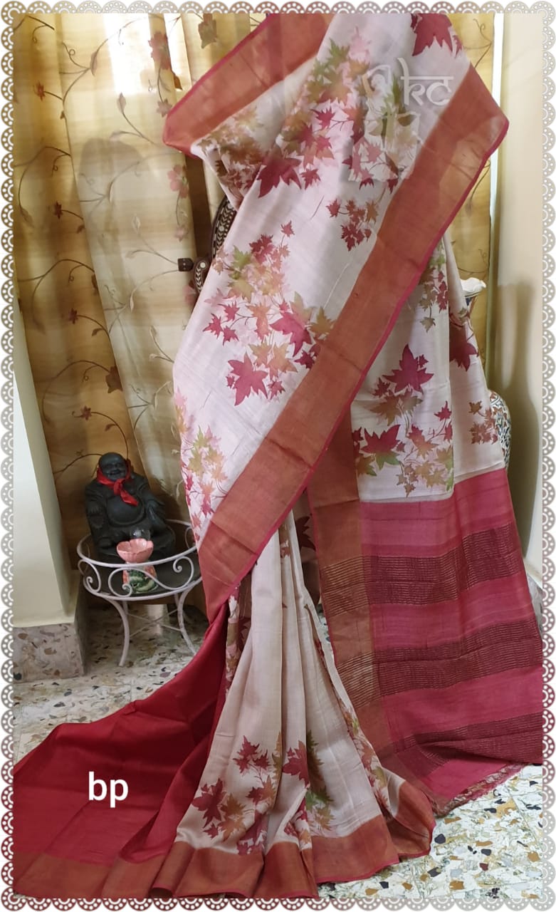 Pink Block Printed Zari Border Pure Silk Mark Certified Tussar Silk Sarees - Dailybuyys