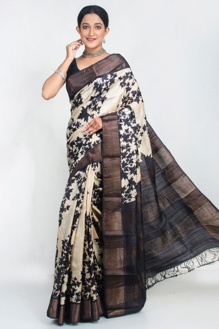 Black Block Printed Zari Border Pure Silk Mark Certified Tussar Silk Sarees - Dailybuyys