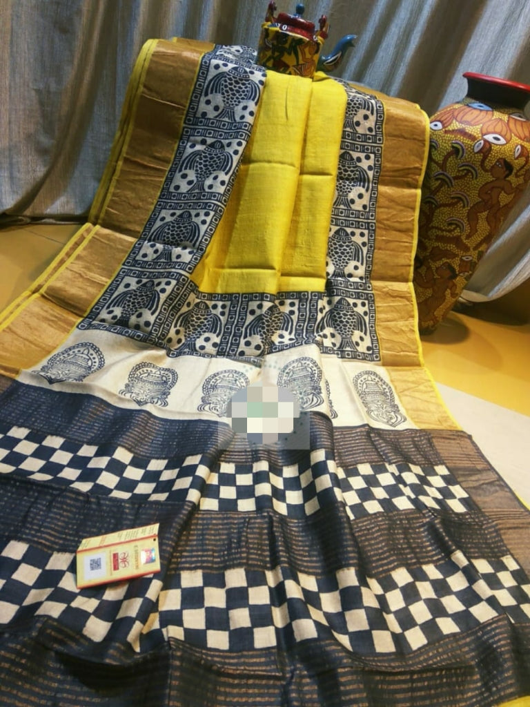Yellow Black Block Printed Zari Border Pure Silk Mark Certified Tussar Silk Sarees - Dailybuyys